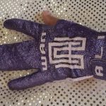 WAN ALI Leather Glove color in a Dark Purple with Lt Lavender Crystalized Sparkling covered with the Wan Ali embossed WA logo on the front and back of the hand which gives You 2 Gloves in One. The Glove also have a velcro fastening and soft Leather inside